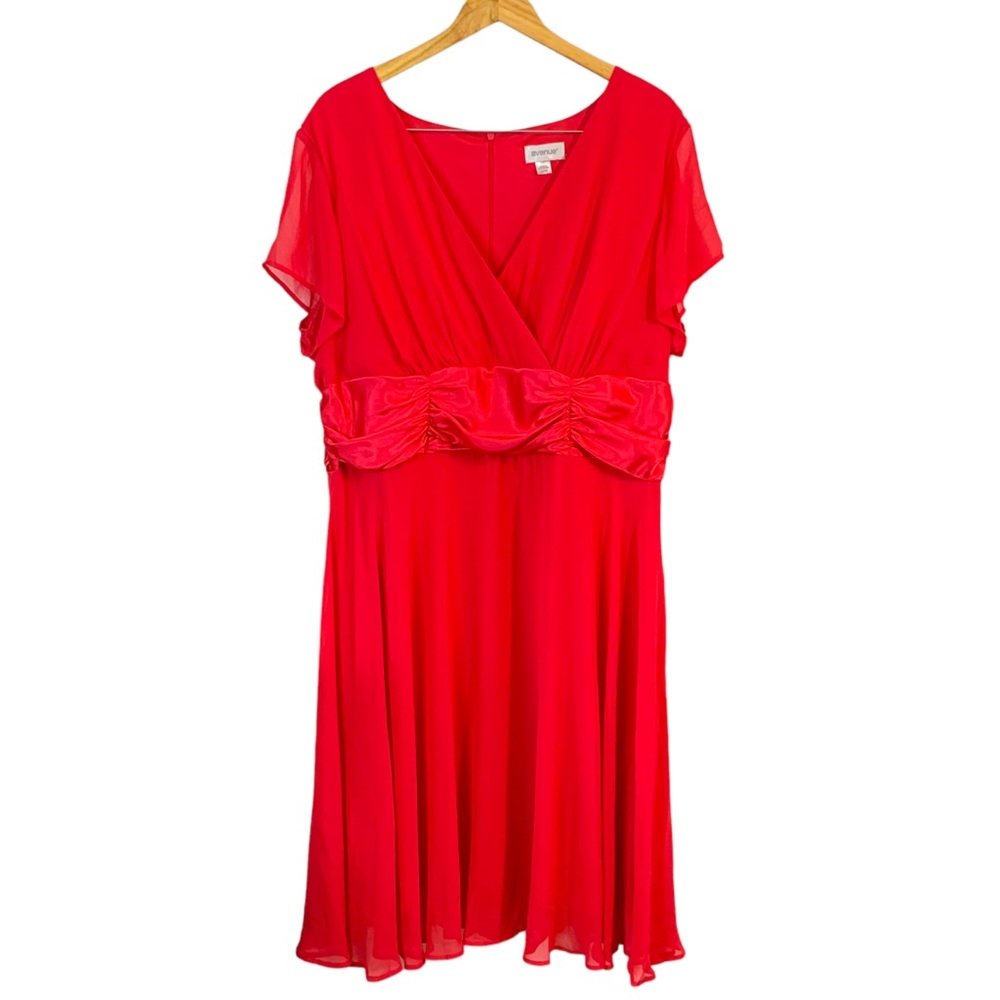 AVENUE Red Chiffon Flowy V Neck Midi Dress Sz 20W